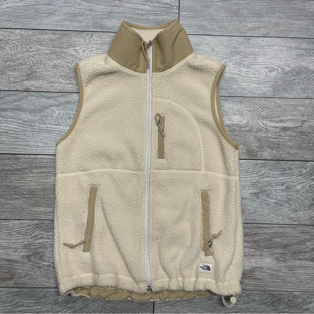The North Face Cream Fleece Vest with Tan Trim